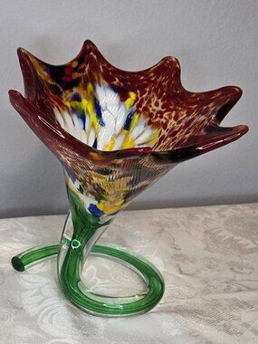 Stunning Handblown Art Glass Red Flower Sculpture Vase 9.25" Tall